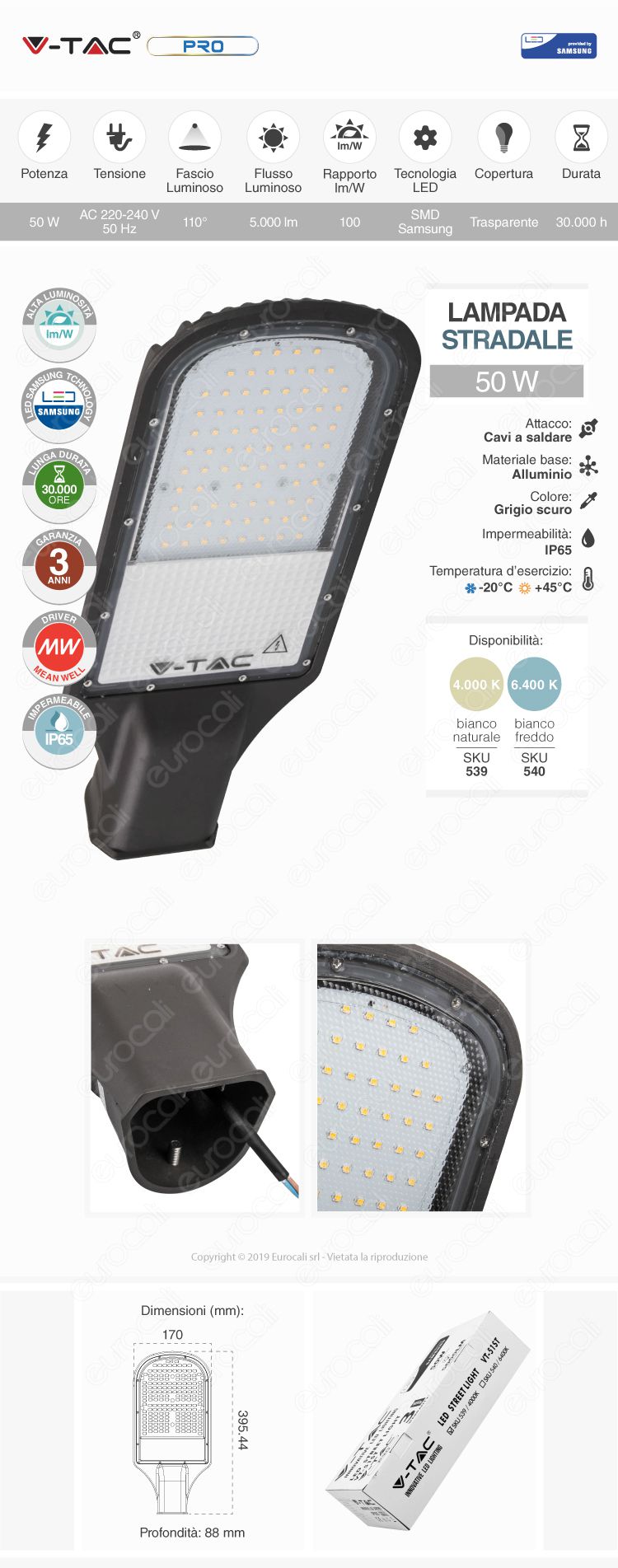 V-Tac PRO VT-51ST Lampada Stradale LED 50W Lampione SMD Chip Samsung