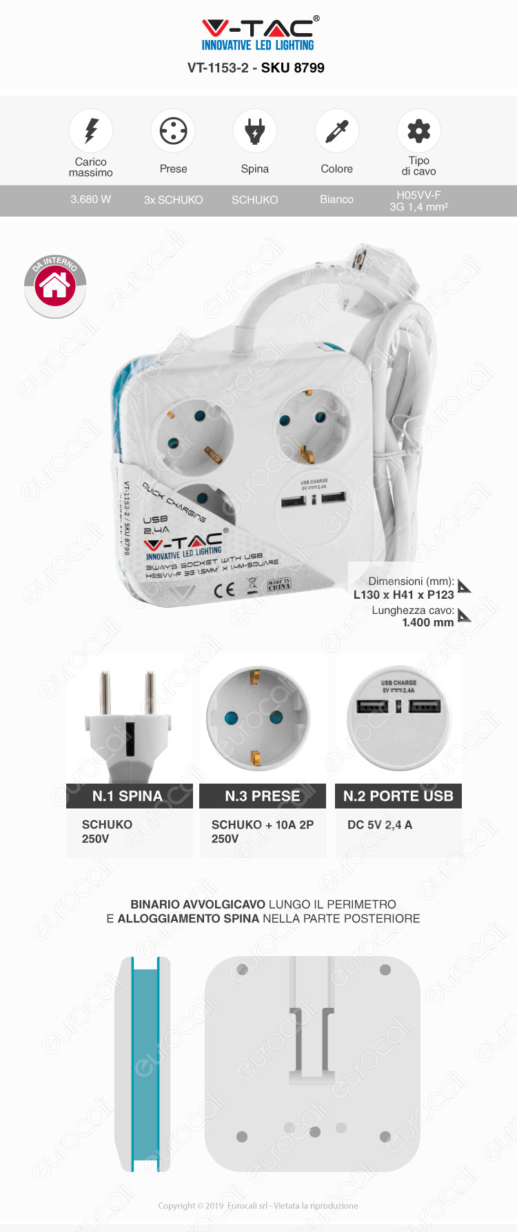 V-Tac VT-1153-2 Multipresa Salvaspazio 3 Posti e 2 Prese USB Colore Bianco 
