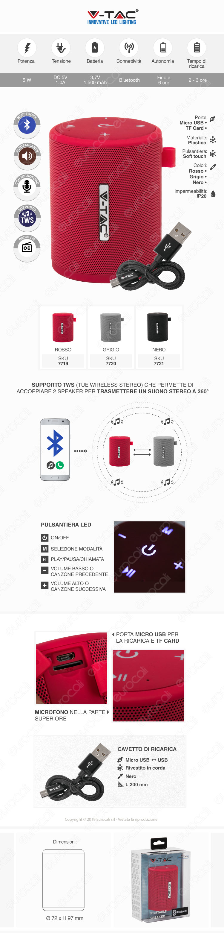 V-Tac VT-6244 Speaker Bluetooth Portatile 5W con Microfono Ingresso MicroSD e Radio FM