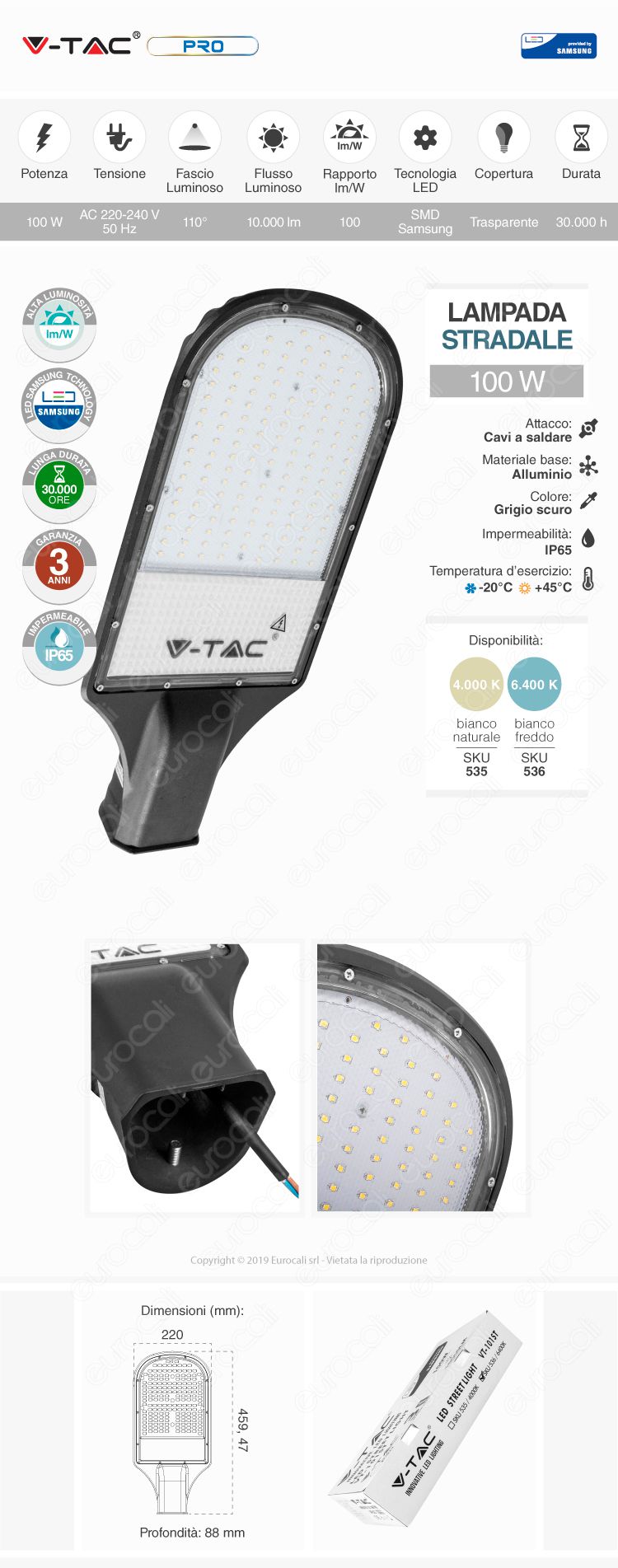 V-Tac PRO VT-121ST Lampada Stradale LED 120W Lampione SMD Chip Samsung