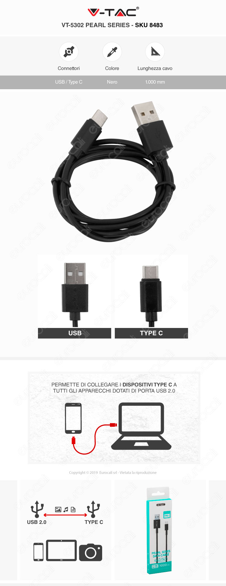 V-Tac VT-5302 Pearl series USB Data Cable Type-C Cavo Colore nERO 1m