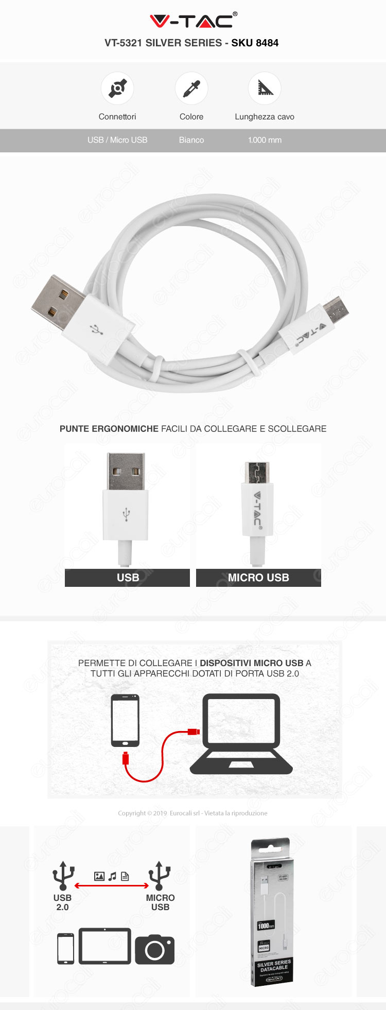 V-Tac VT-5321 Silver series USB Data Cable Micro USB Cavo Colore Bianco 1m