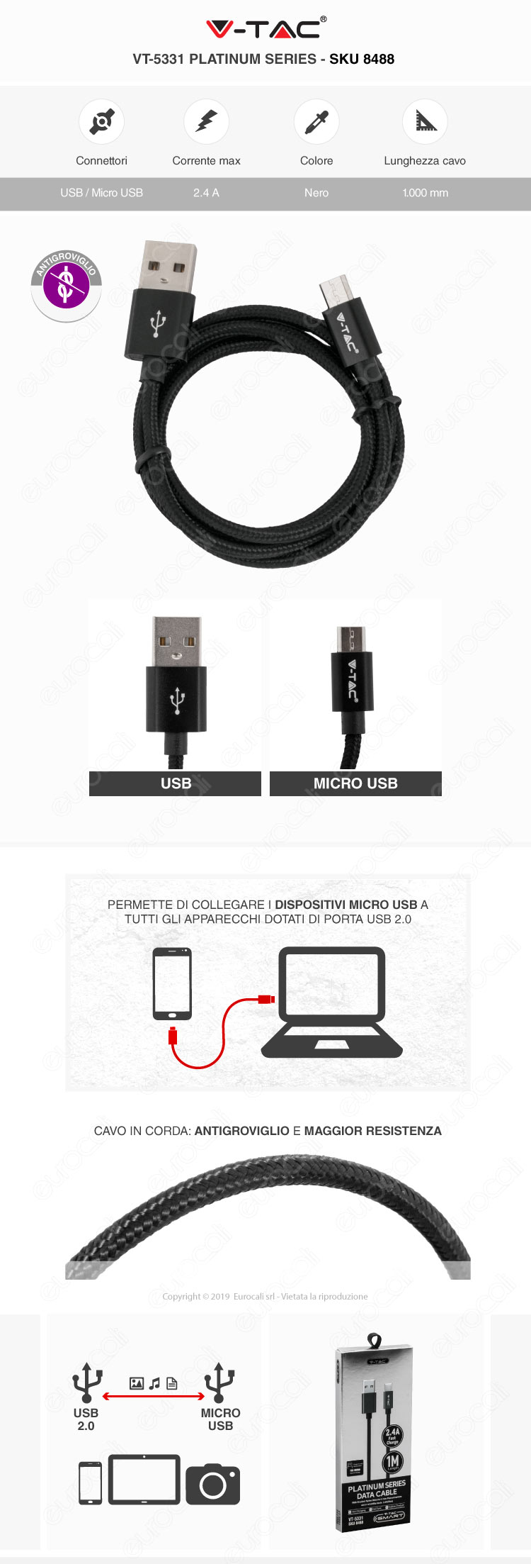 V-Tac VT-5331 platinum series USB Data Cable micro usb Cavo in corda Colore Nero 1m