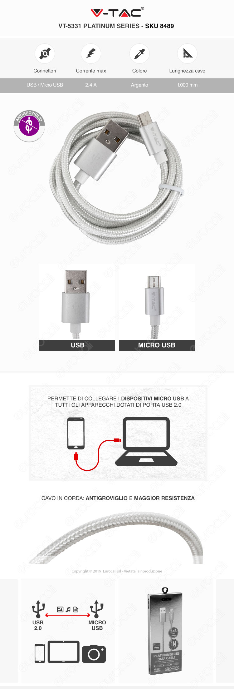 V-Tac VT-5331 platinum series USB Data Cable micro usb Cavo in corda Colore Argento 1m