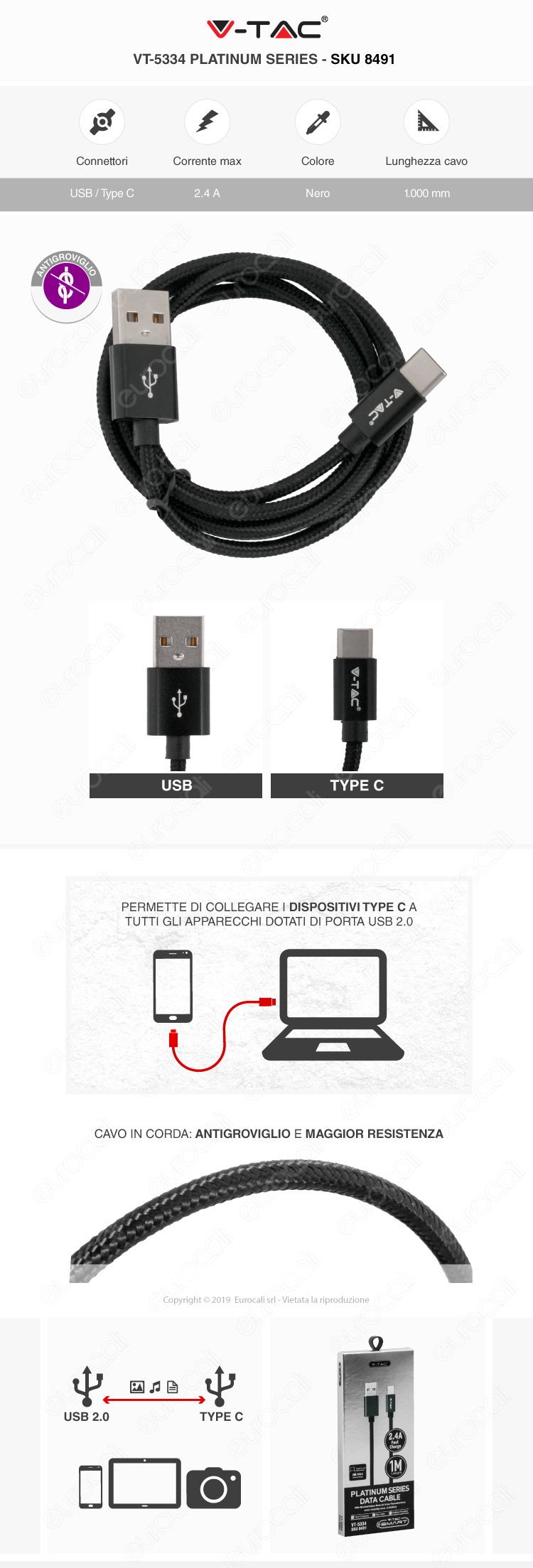 V-Tac VT-5334 platinum series USB Data Cable TYPE-C Cavo in corda Colore Nero 1m