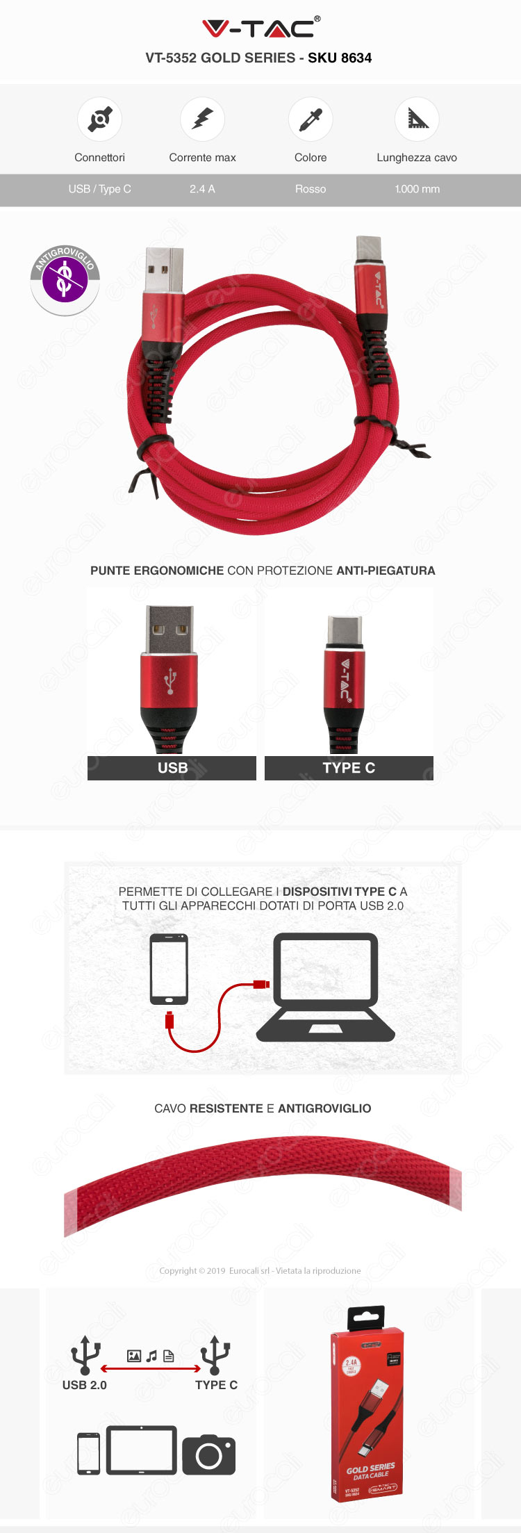 V-Tac VT-5331 platinum series USB Data Cable micro usb Cavo in corda Colore Oro 1m