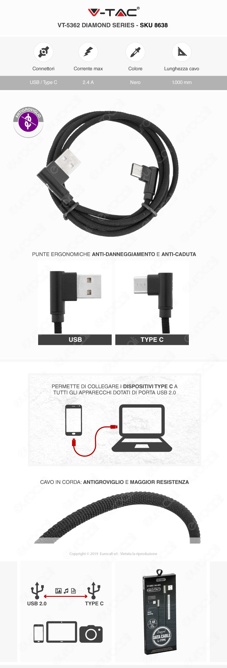 V-Tac VT-5331 platinum series USB Data Cable micro usb Cavo in corda Colore Oro 1m
