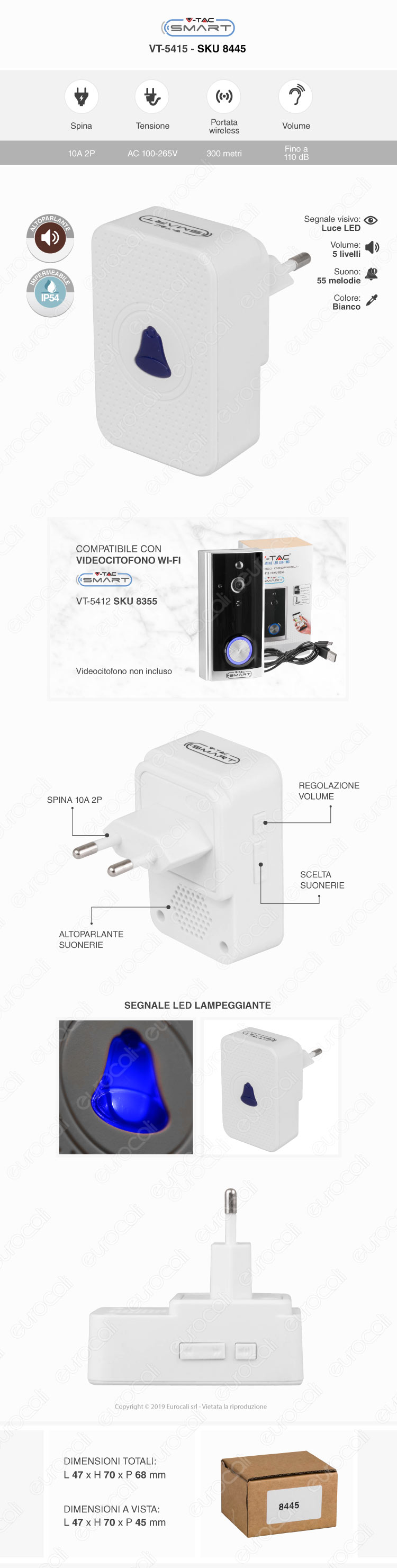 V-Tac Smart VT-5415 Campanello Wi-Fi per Videocitofono con Spina 10A 2P