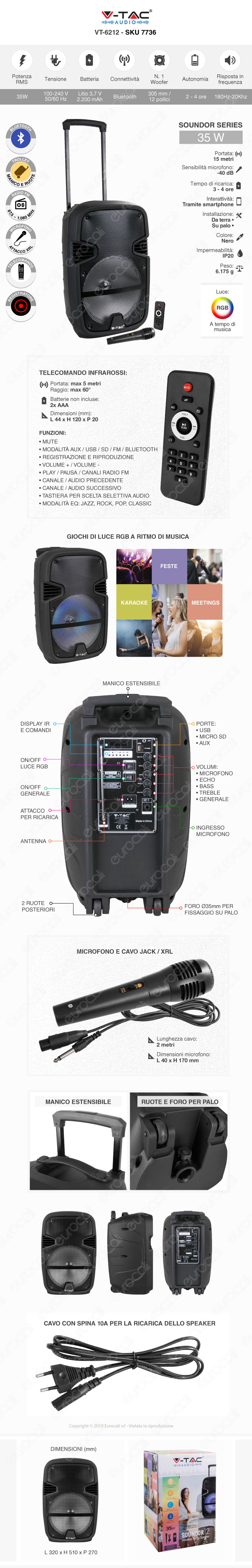 V-Tac VT-6211 Speaker Bluetooth Portatile 3W con LED RGB e Microfono Ingresso MicroSD AUX
