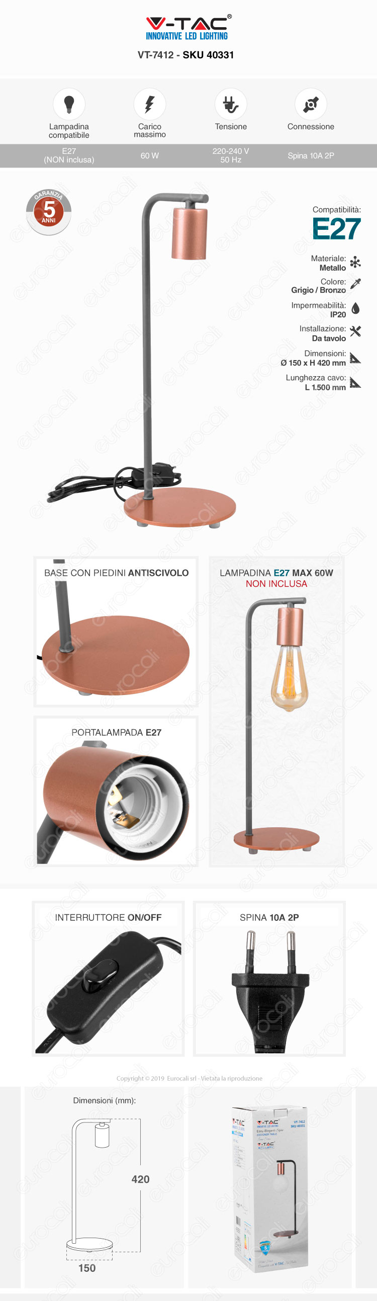  V-TAC Lampada da Tavolo con Portalampada per Lampadine E27