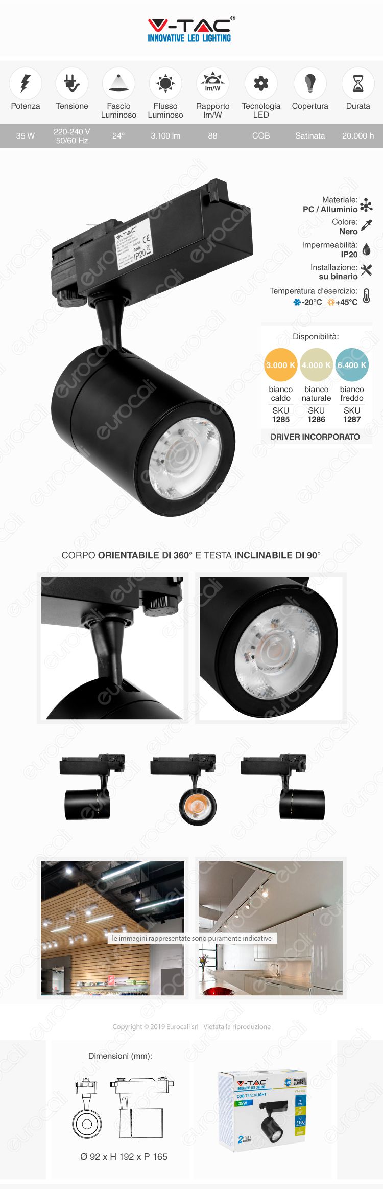 V-Tac VT-4536 Track Light LED COB 35W Bianco