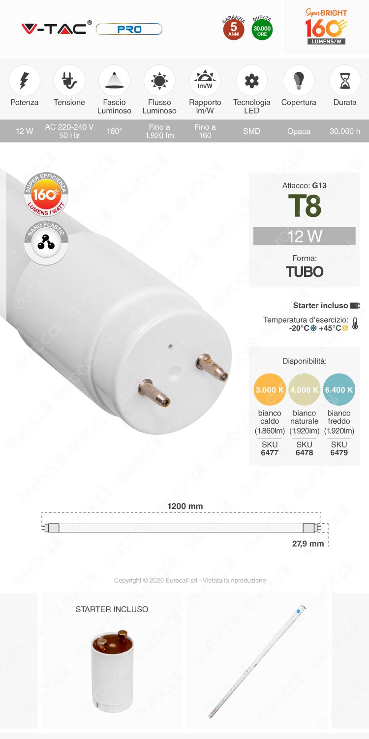 V-Tac VT-1607 Tubo LED SMD Nano Plastic T8 G13 7W Lampadina da 60cm