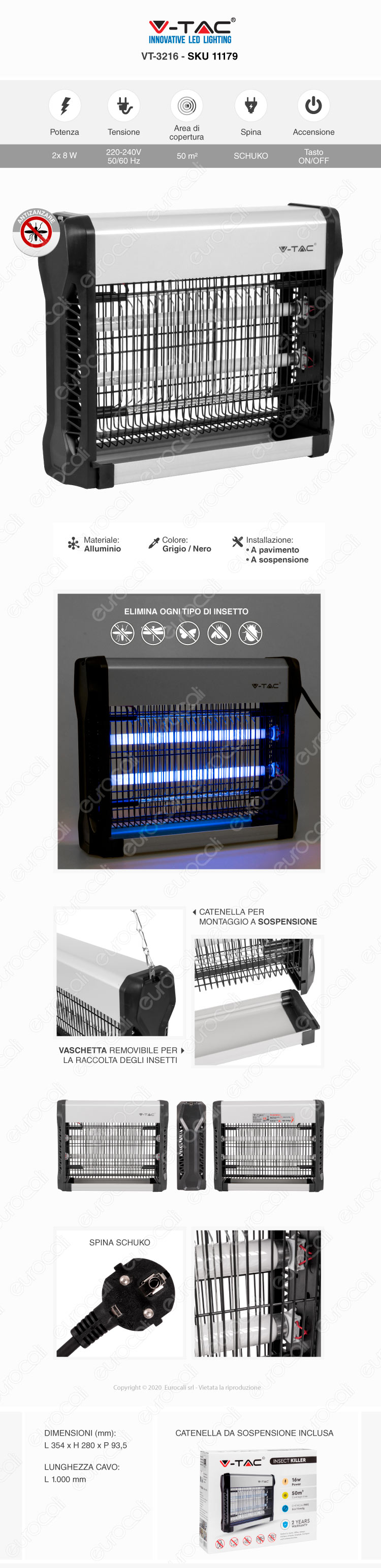 V-Tac Lampada UV Insetticida Zanzariera Elettrica 16W - Copertura 50m² Per Interni