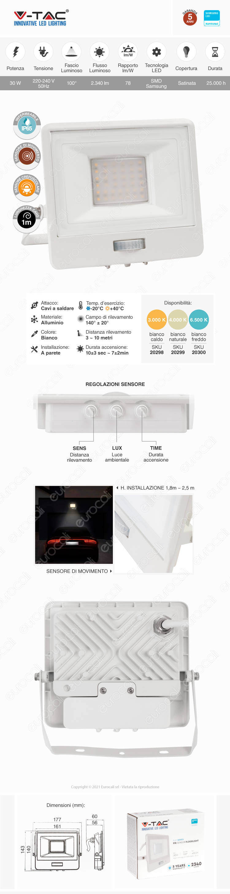 faro led v-tac pir sensor floodlight 30w smd ip65 bianco