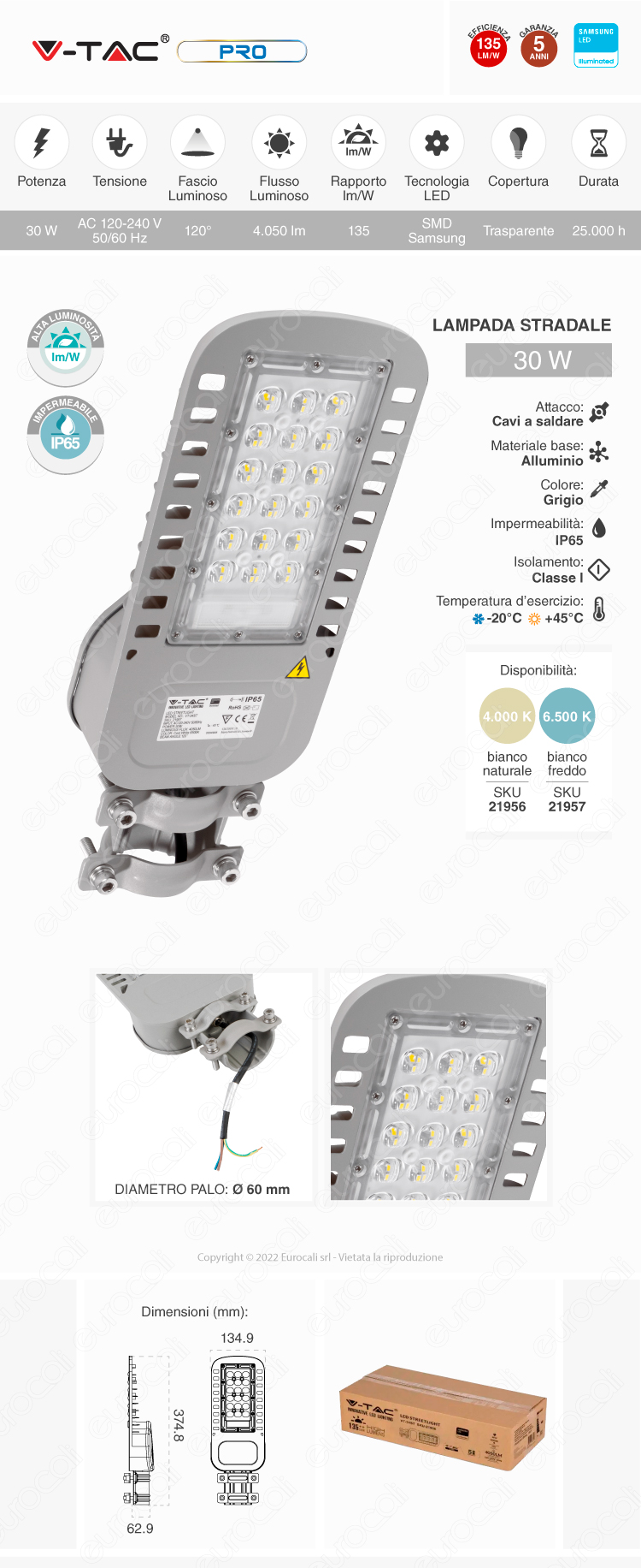 v-tac pro vt-34st lampione stradale led 30w smd chip samsung ip65