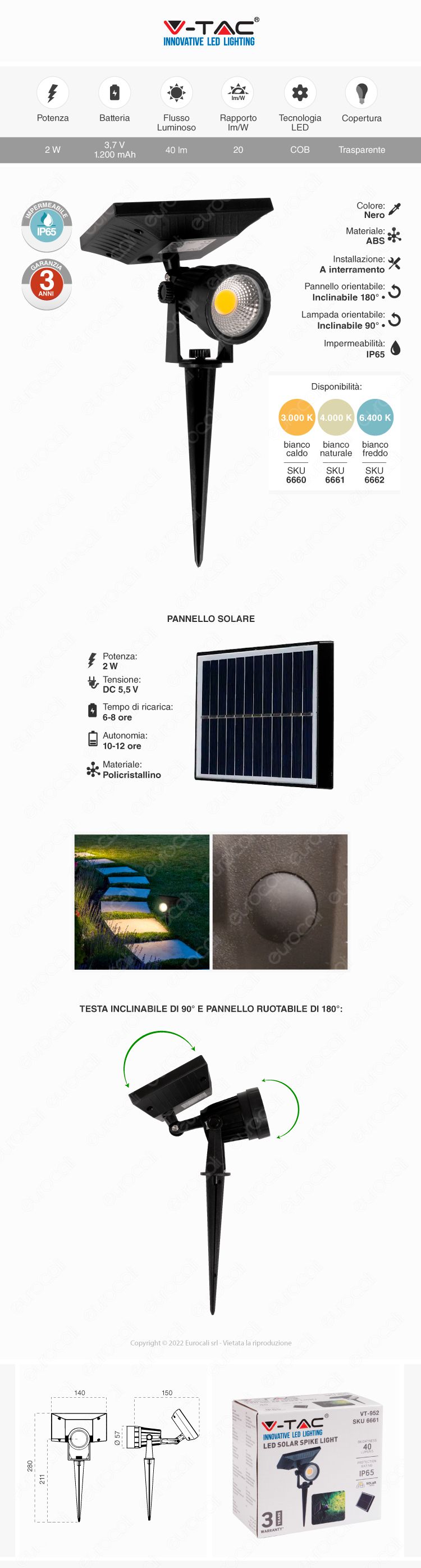 faretto giardino led cob v-tac pannello solare sensore crepuscolare 2w ip65 nero