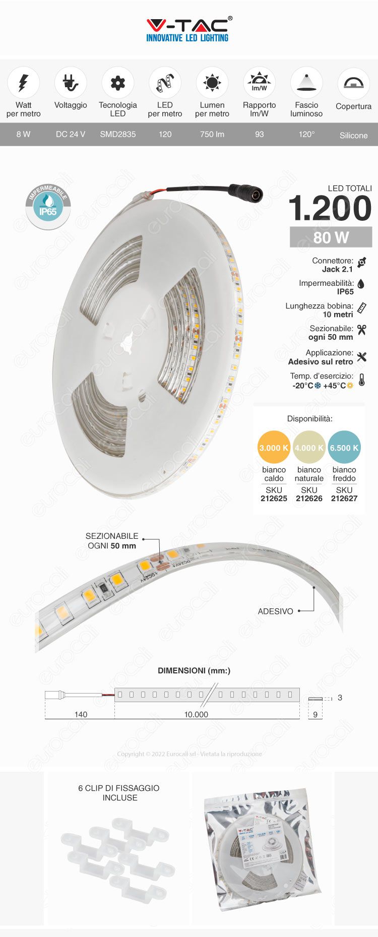 striscia LED flessibile 120 LED/m 80W 24V 10m IP65 V-Tac