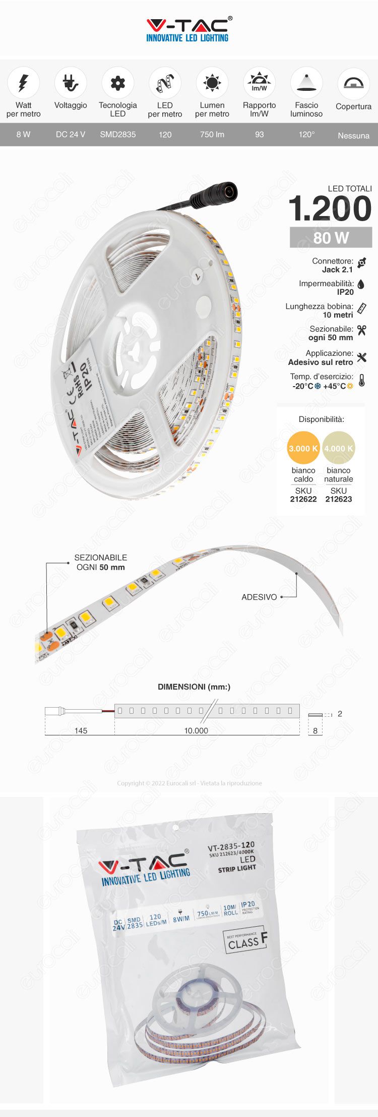striscia LED flessibile 120 LED/m 80W 24V 10m V-Tac