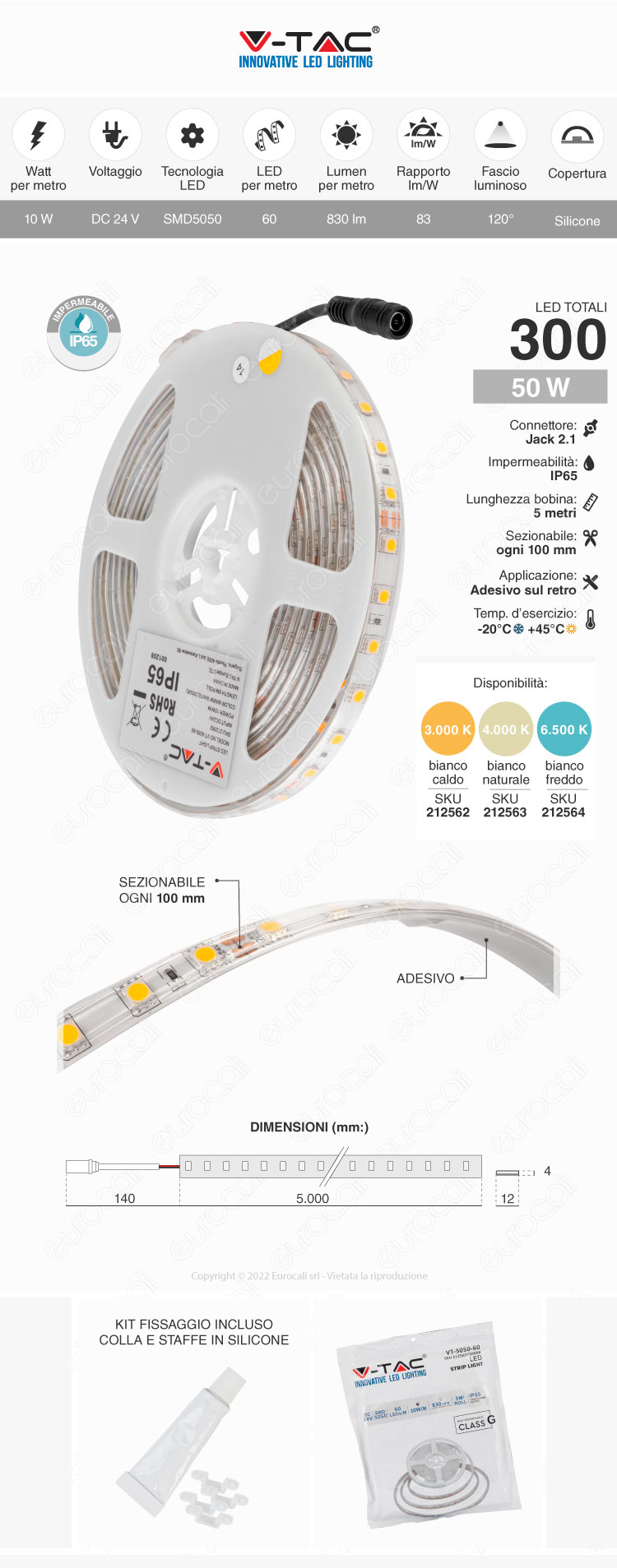 striscia LED flessibile 60 LED/m 50W 5m V-Tac