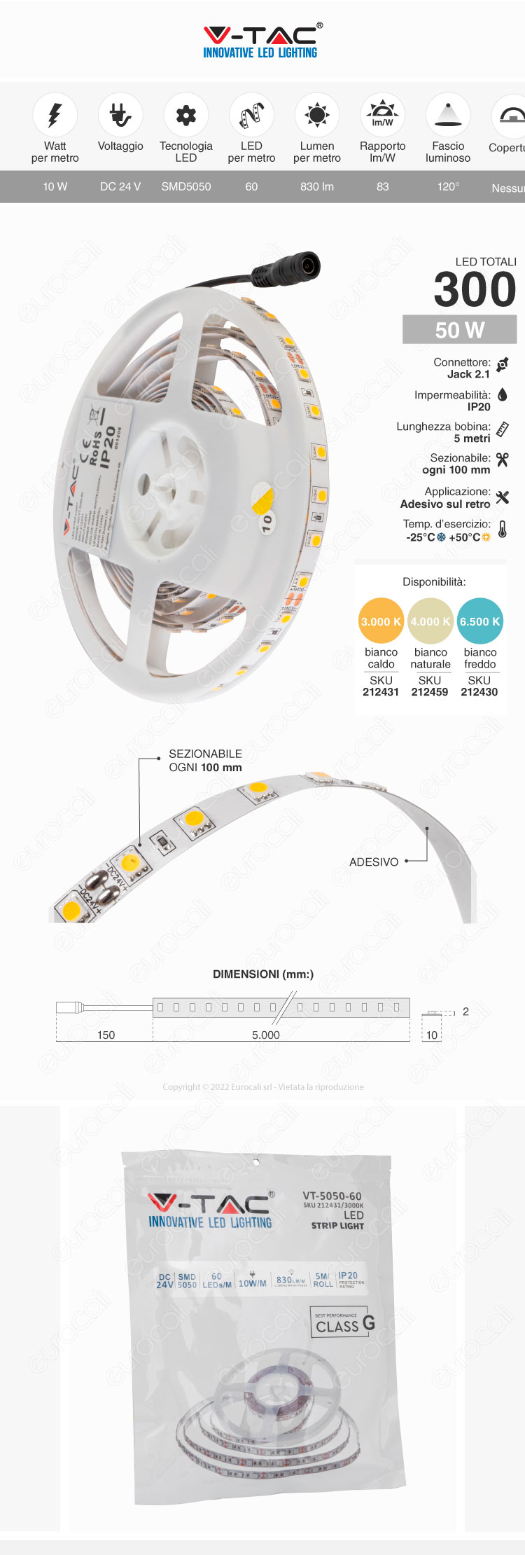 striscia LED flessibile 60 LED/m 50W 24V 5m V-Tac
