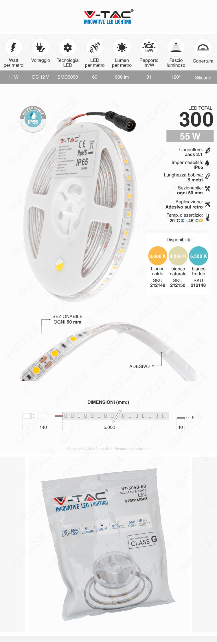 striscia LED flessibile 60 LED/m 55W 12V IP65 5m V-Tac