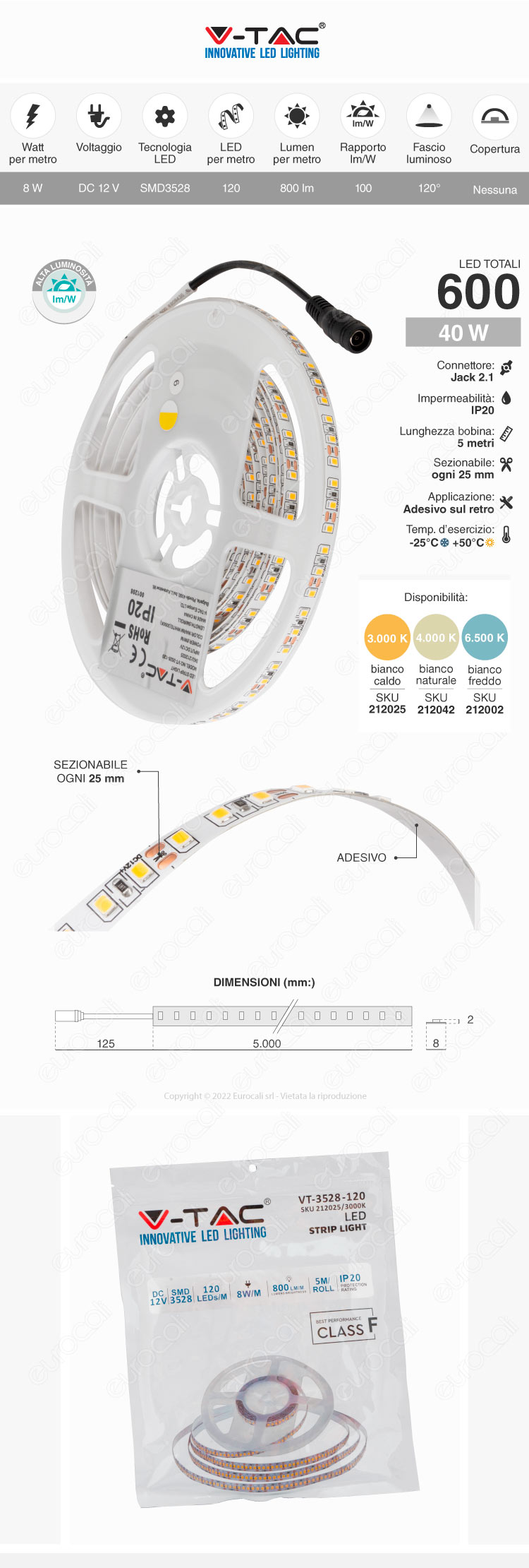 striscia LED flessibile 120 LED/m 40W 12V 5m V-Tac