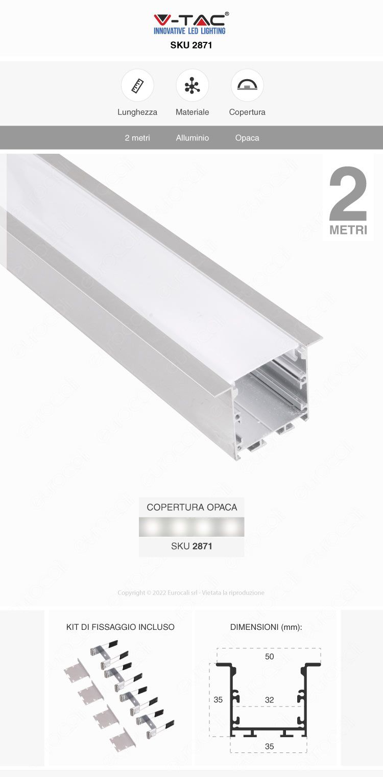 v-tac vt-8126 profilo strisce led alluminio bianco 2m