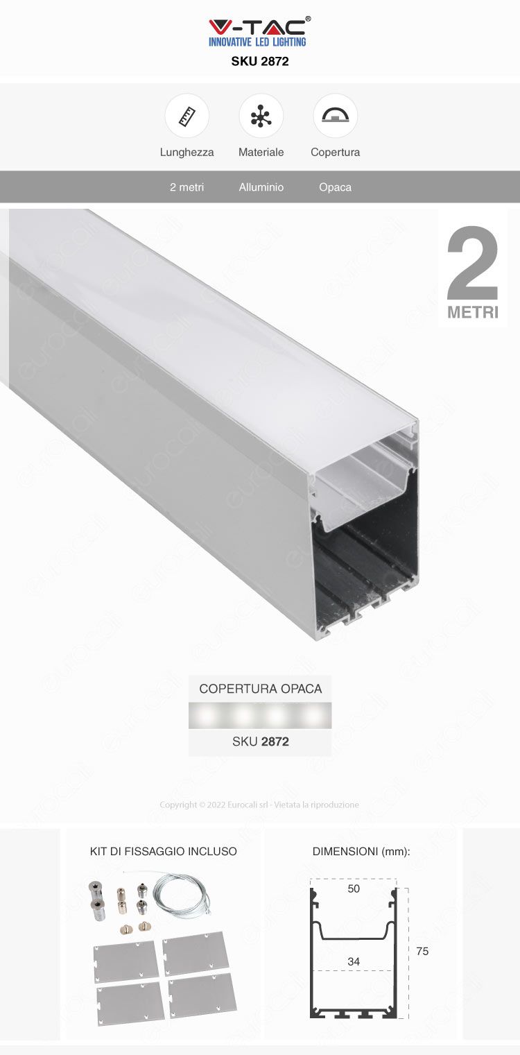 v-tac vt-8127 profilo strisce led alluminio bianco 2m