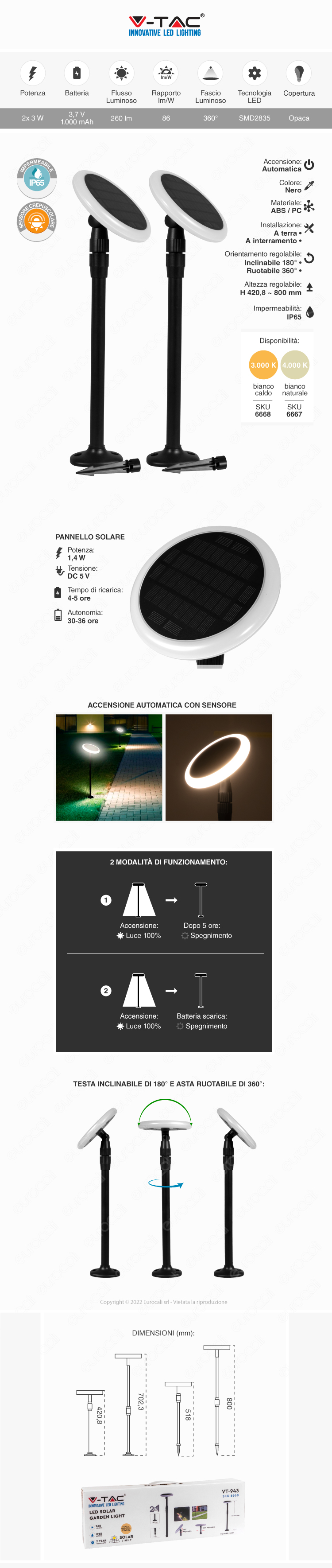 pack 2x lampada giardino led v-tac pannello solare sensore crepuscolare 3w smd ip65 nero