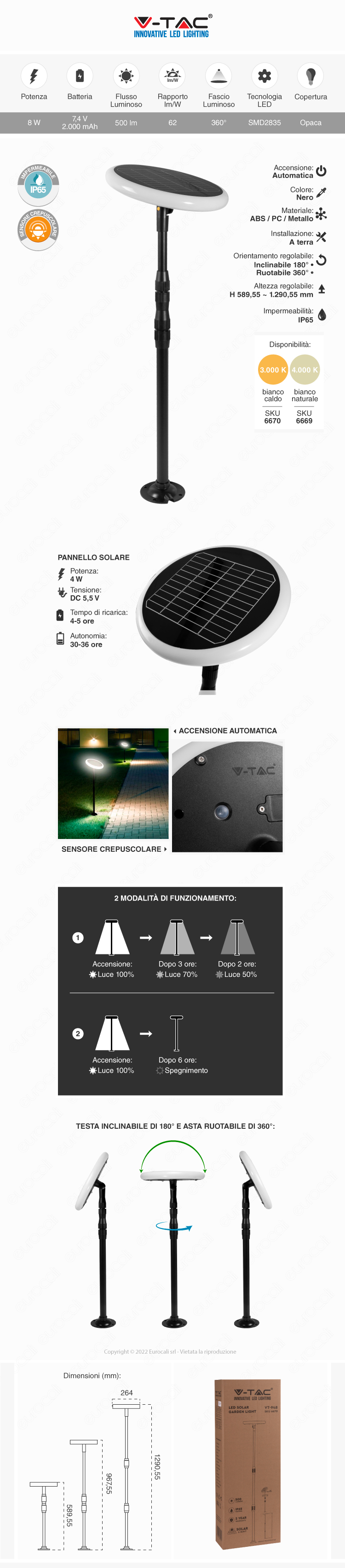 lampada giardino led v-tac pannello solare sensore crepuscolare 8w smd ip65 nero