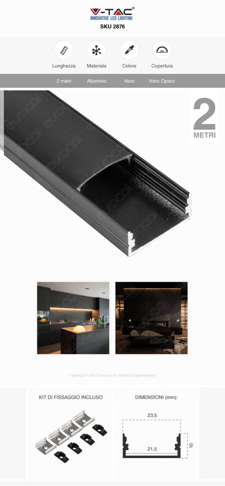v-tac vt-8108 profilo strisce led alluminio nero 2m