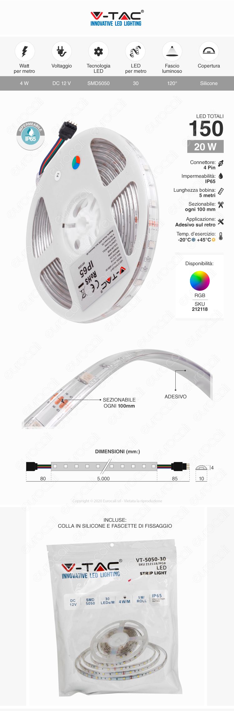 striscia LED flessibile 30 LED/m 20W 12V IP65 RGB 5m V-Tac
