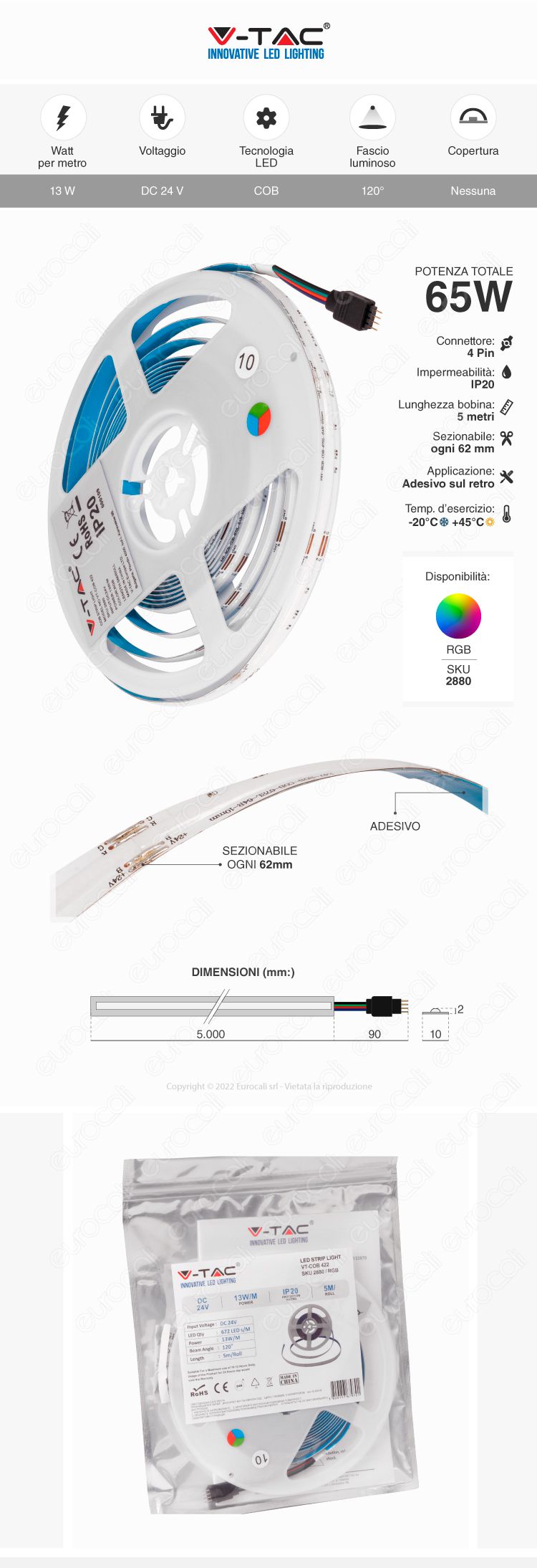 striscia LED flessibile 65W COB 24V RGB 5m V-Tac