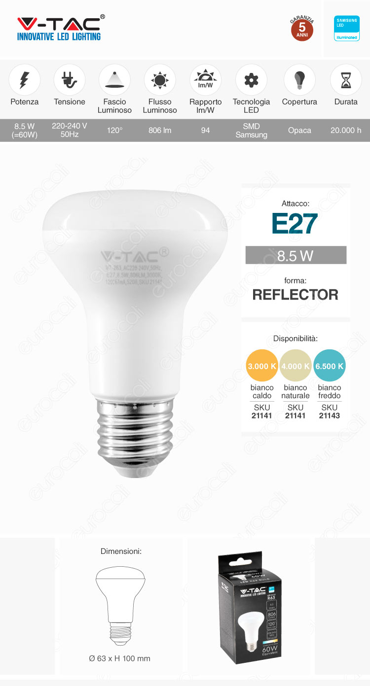v-tac vt-263 lampadina led e27 8,5w reflector r63 smd samsung