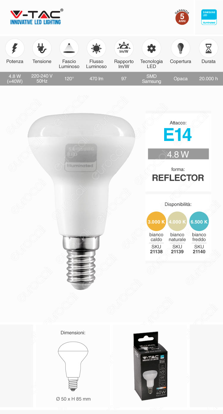 v-tac vt-250 lampadina led e14 4,8w reflector r50 smd samsung