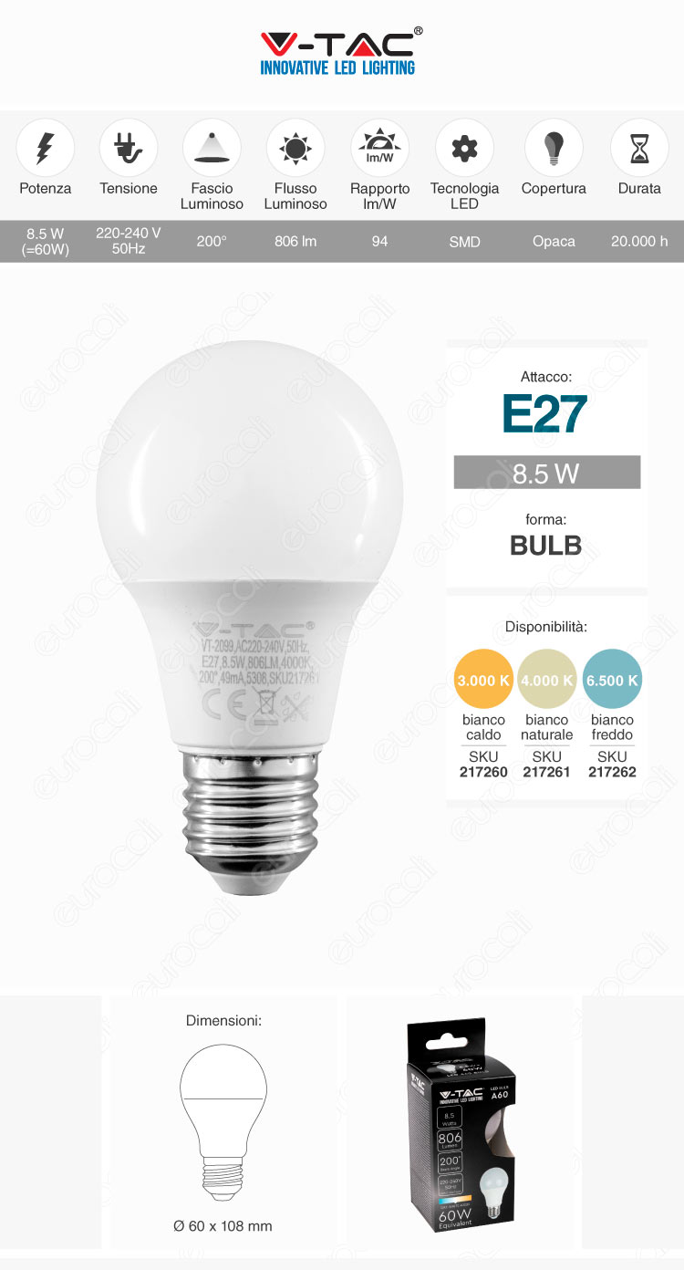 v-tac vt-2099 lampadina led e27 8,5w bulb a60 smd