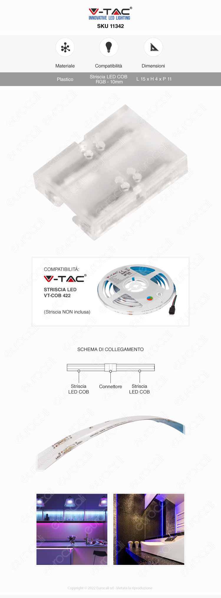 v-tac connettore intermedio rigido per strisce led cob
