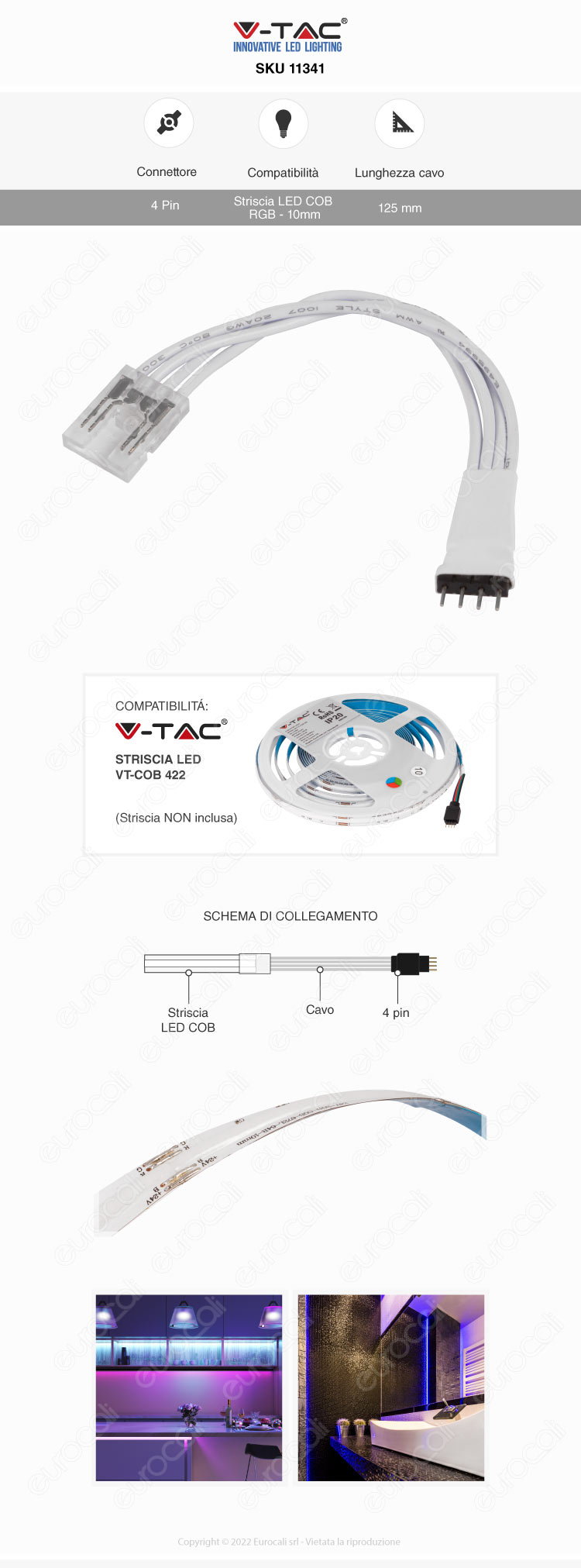 v-tac connettore flessibile 4 pin per strisce led cob