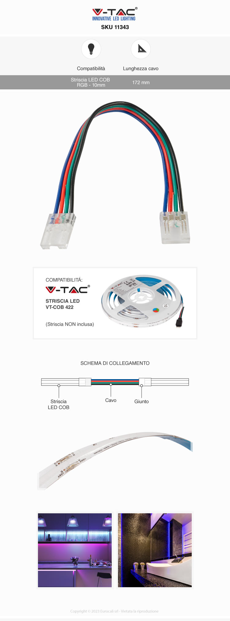v-tac connettore intermedio flessibile per strisce led cob