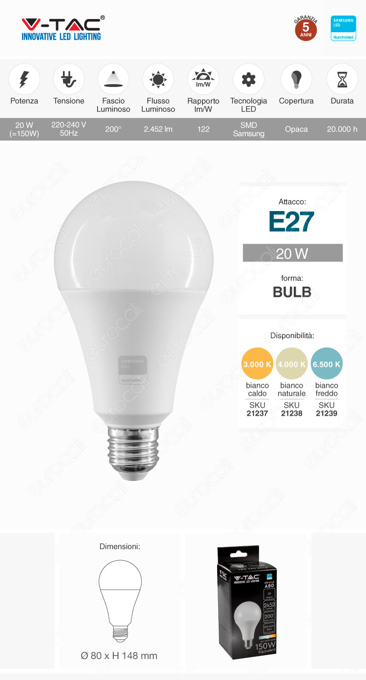 v-tac vt-233 lampadina led e27 20w bulb a80 smd samsung