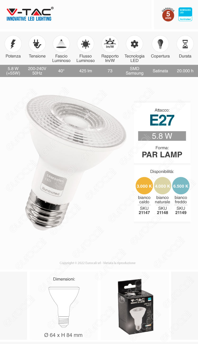 v-tac vt-220 par lamp led e27 5,8w par20 smd samsung