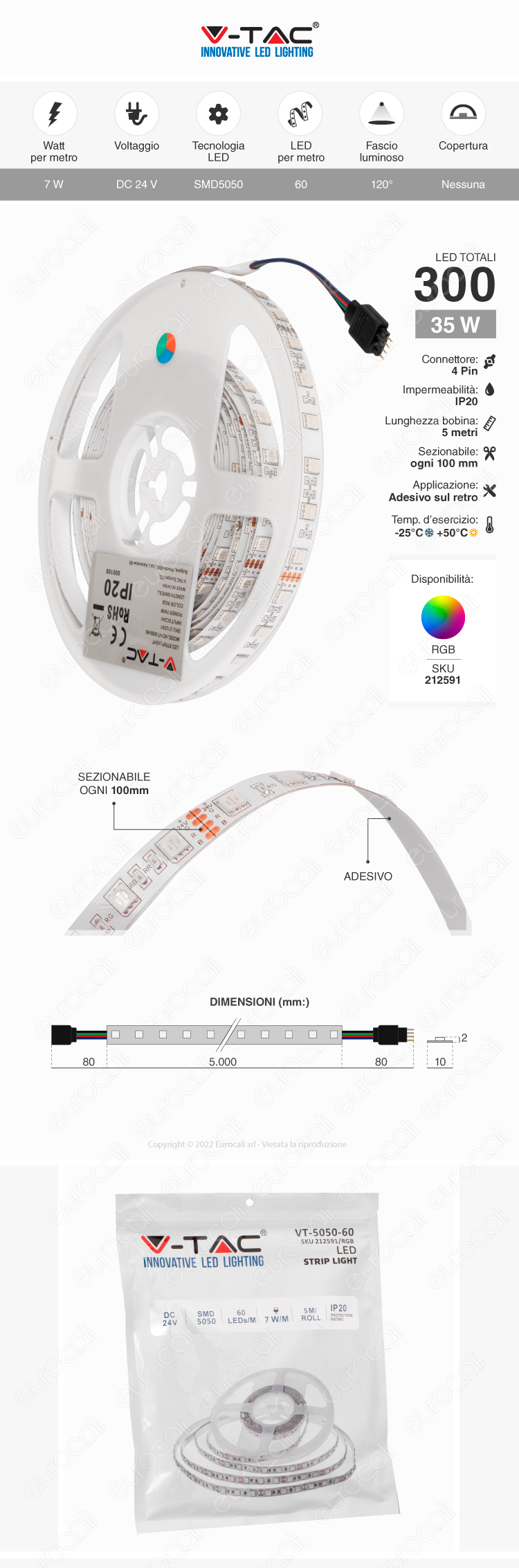 striscia LED flessibile 60 LED/m 35W 24V RGB 5m V-Tac