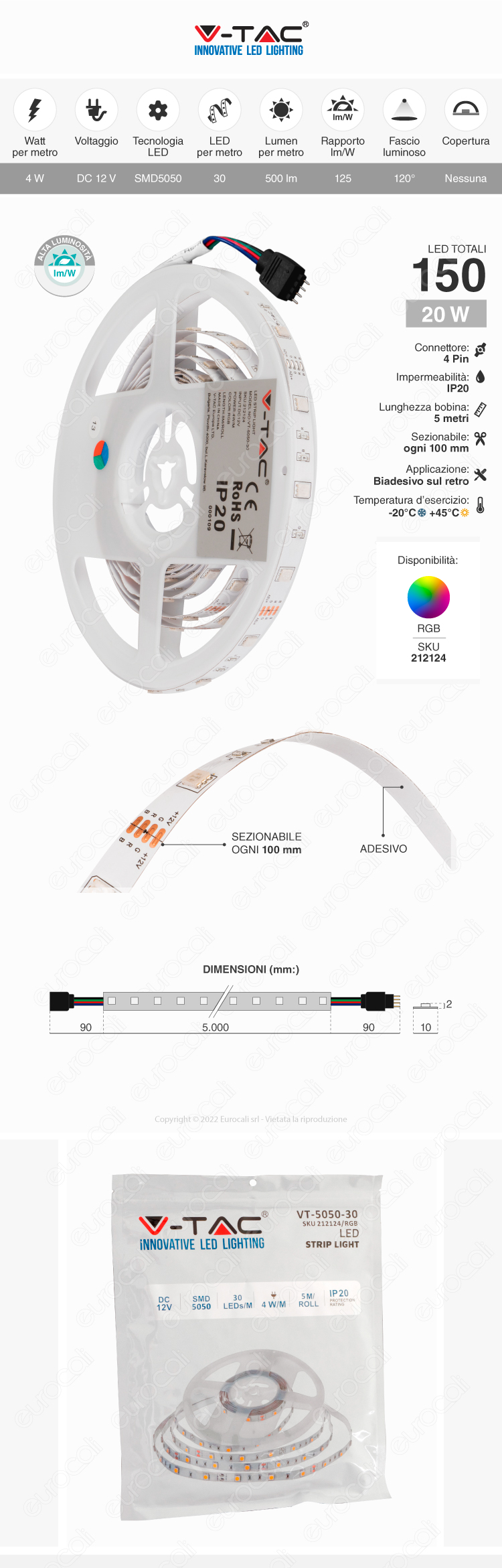 striscia LED flessibile 30 led/m 20w 12v rgb 5m v-tac