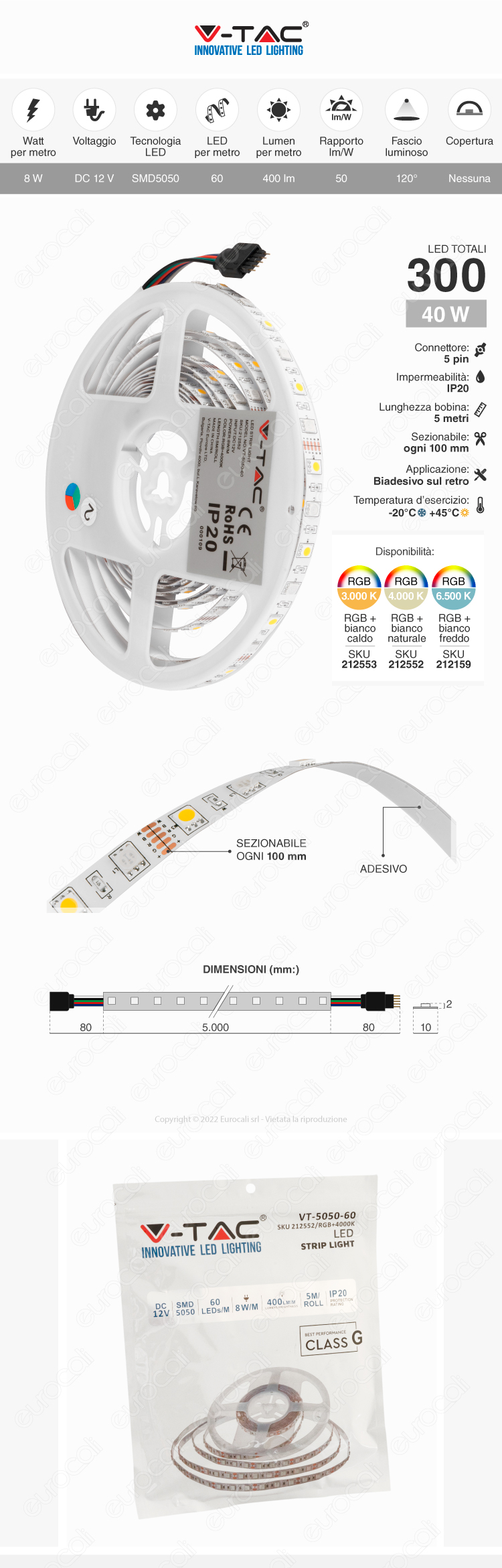 v-tac vt-5050-60 striscia led flessibile 60 led/m 40W smd 12V rgb 5m