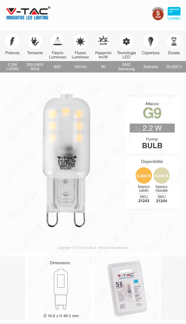 v-tac vt-203 lampadina led g9 bulb 2,2w smd samsung