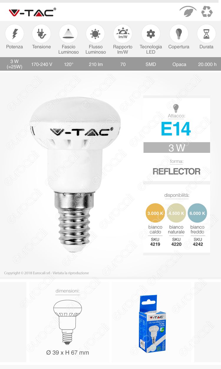LED V-TAC VT-1861 E14 Reflector