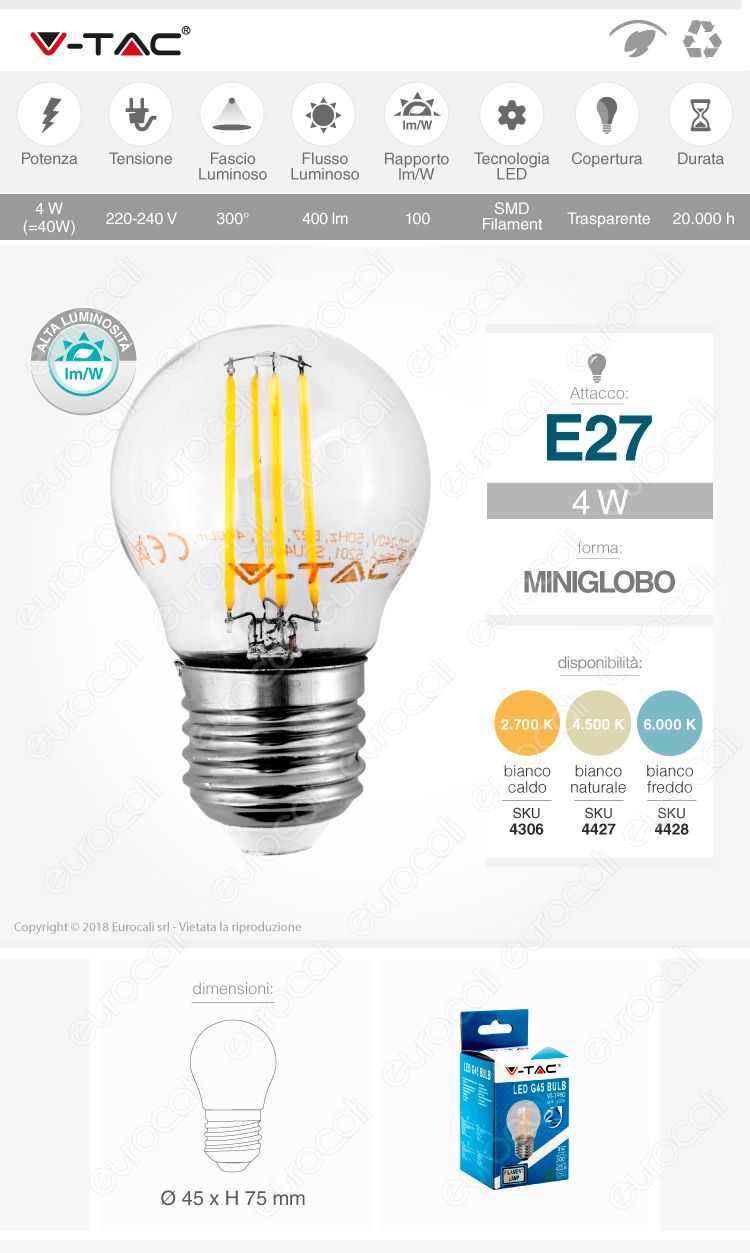 Lampadina LED Filamento E27 4W Miniglobo