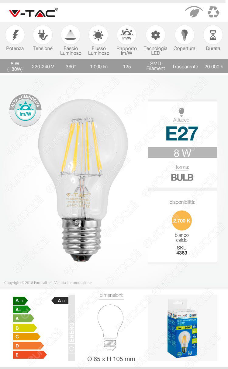 Lampadina LED E27 Filament 8W Bulb