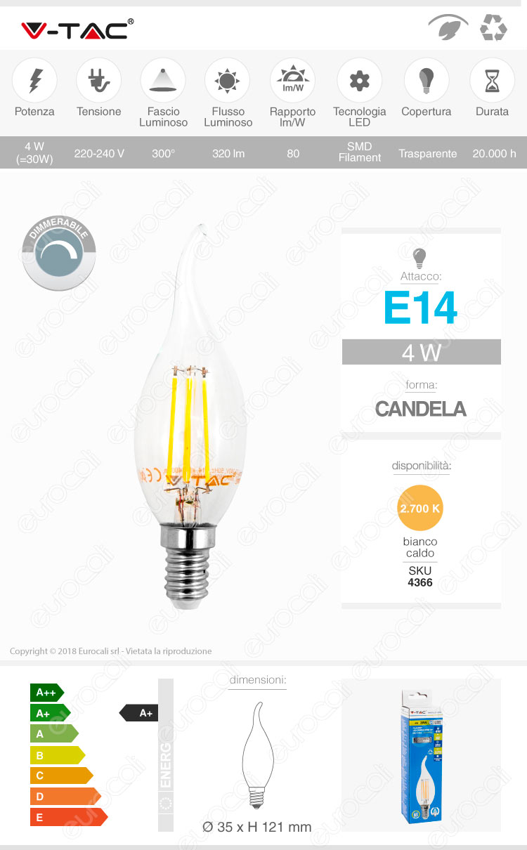 Lampadina LED E14 4W Candela Dimmerabile