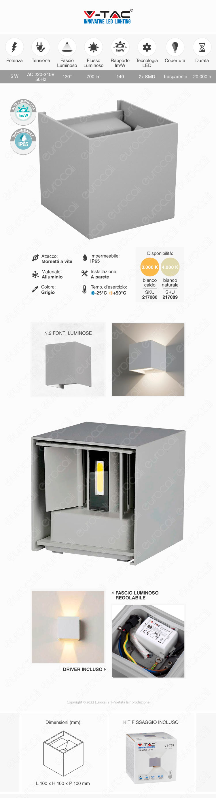 v-tac vt-759 applique led 5w wall light cob ip65 gray